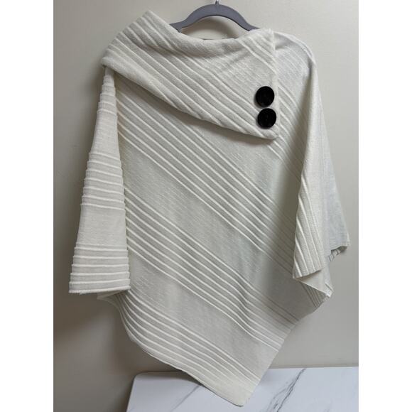 Le Moda Sweaters - Le Moda White Ribbed Asymmetrical Poncho Cape Wrap Shawl Button Detail One Size